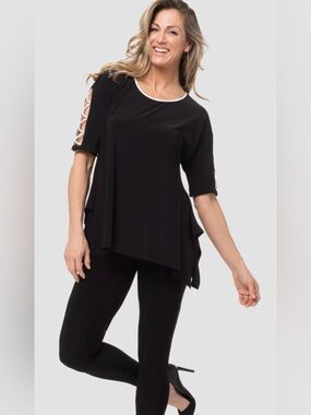 Joseph Ribkoff Black Short Sleeve Tunic  White Trim and Lace-Up Sleeves Size 12